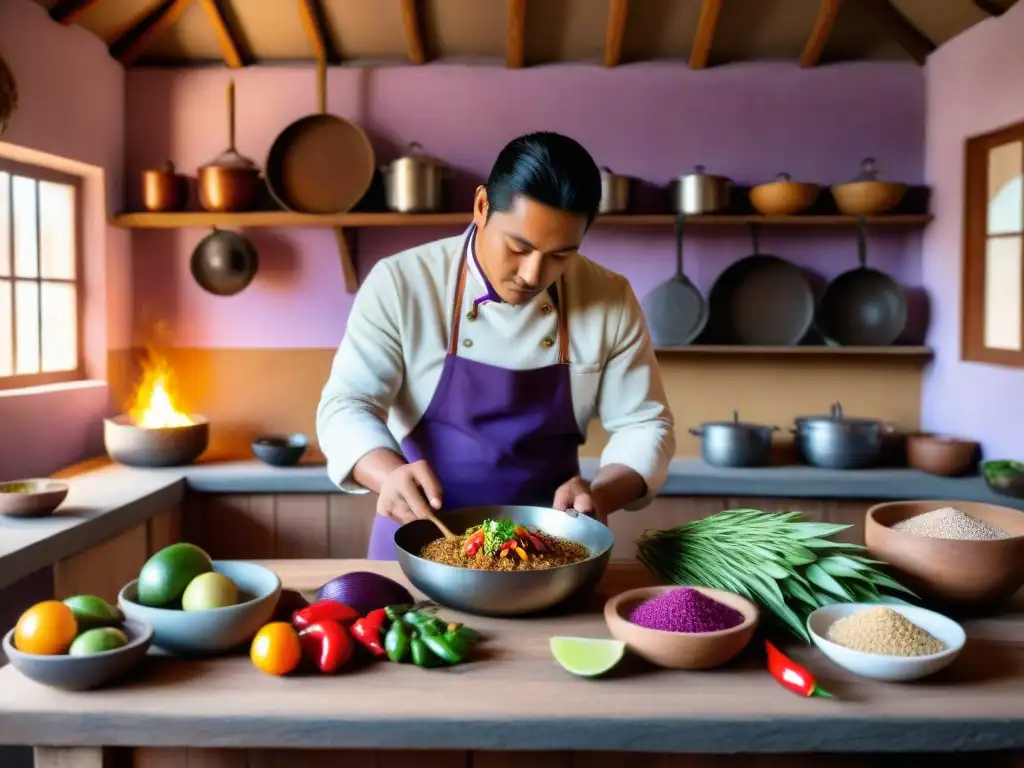 Un chef peruano preparando platos tradicionales andinos en una cocina rústica