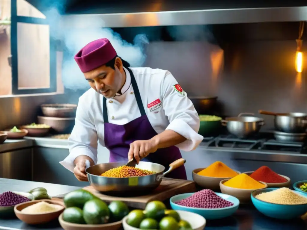 Un chef peruano preparando platos tradicionales en una cocina vibrante