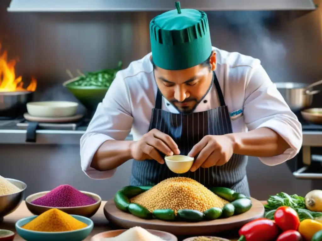 Un chef peruano preparando platos tradicionales con historias, rodeado de ingredientes coloridos en una bulliciosa cocina