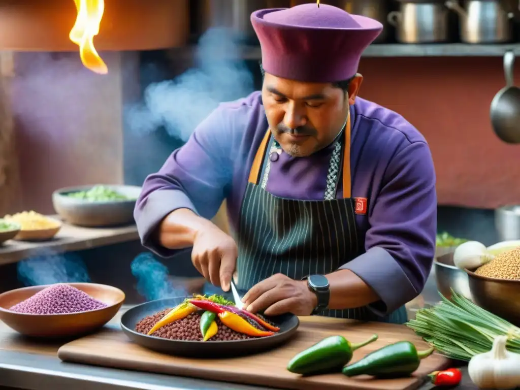 Un chef peruano preparando platos tradicionales en Cusco, rodeado de ingredientes locales