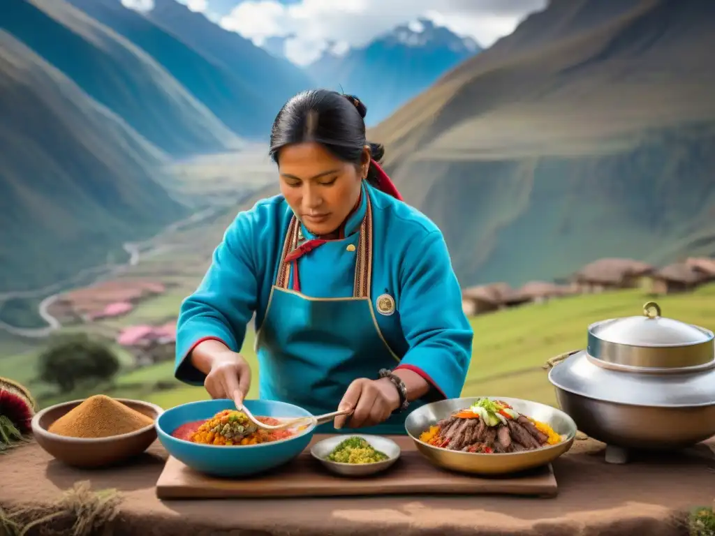 Chef peruano preparando plato andino en altas cumbres Chef peruano en los Andes preparando platos tradicionales con vista panorámica de montañas nevadas y campos en terrazas