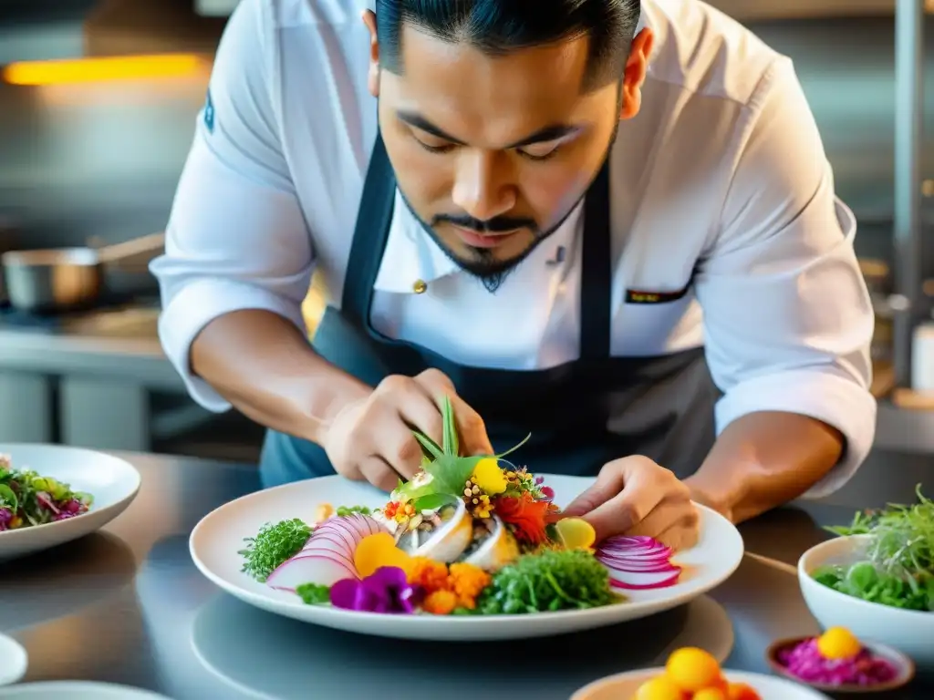 Un chef peruano personaliza platos únicos de ceviche en una cocina moderna y elegante