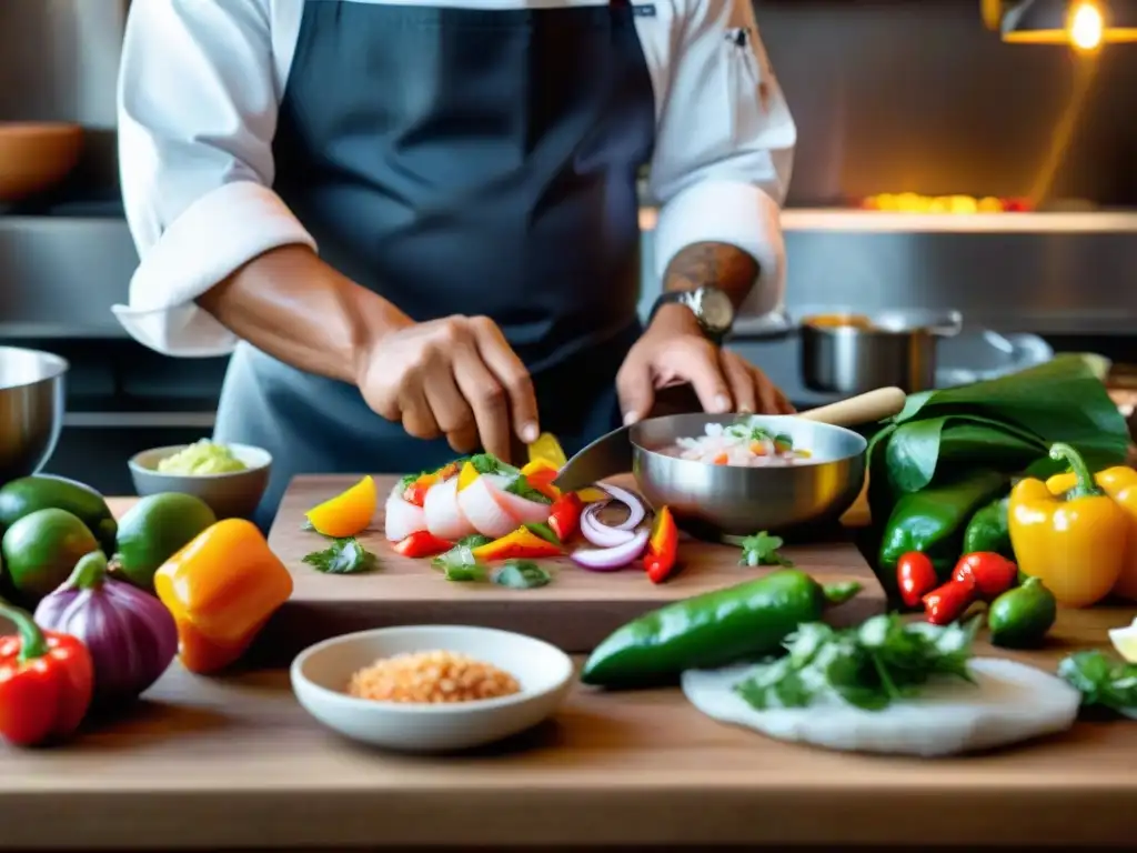 Un chef peruano crea platos únicos en una cocina bulliciosa, personalizando cada detalle con destreza y pasión