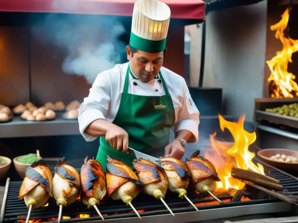 Un chef peruano prepara Pollo a la Brasa con ingredientes autóctonos en un mercado vibrante