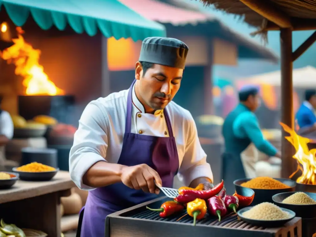 Un chef peruano preparando Pollo a la Brasa con ingredientes autóctonos en un mercado peruano