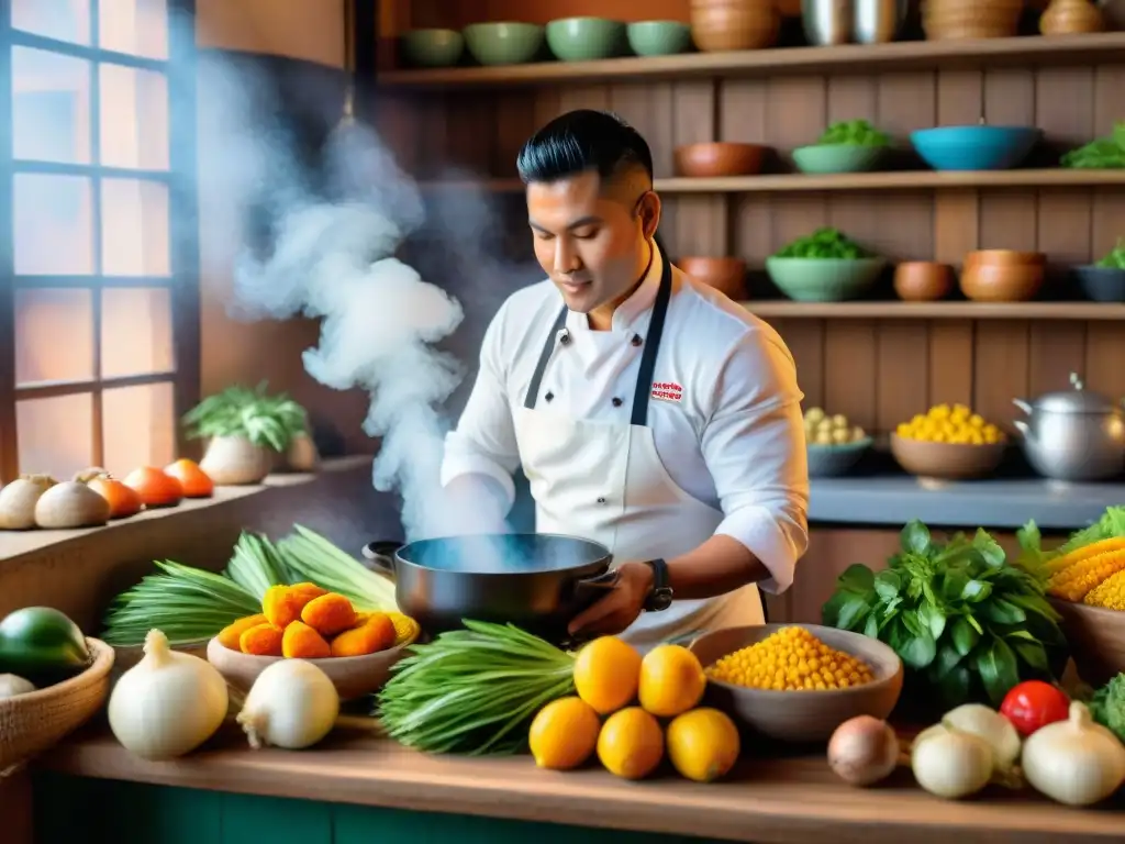 Un chef peruano preparando aguadito de pollo en cocina tradicional