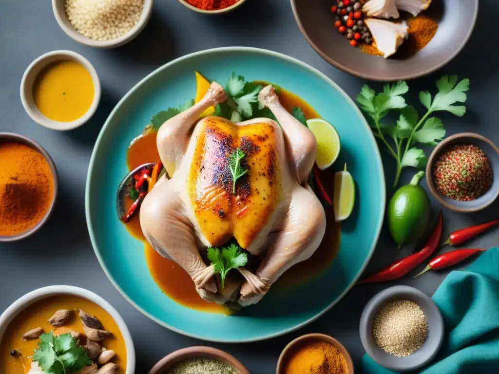 Un chef peruano marina un pollo con especias, mostrando la receta de pollo a la brasa peruano