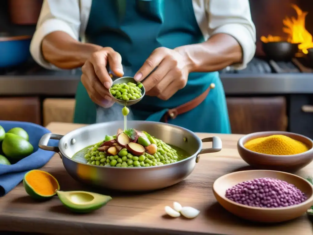 Un chef peruano preparando Ponche de Habas Andes nutritivo en una cocina rústica, destacando la autenticidad culinaria