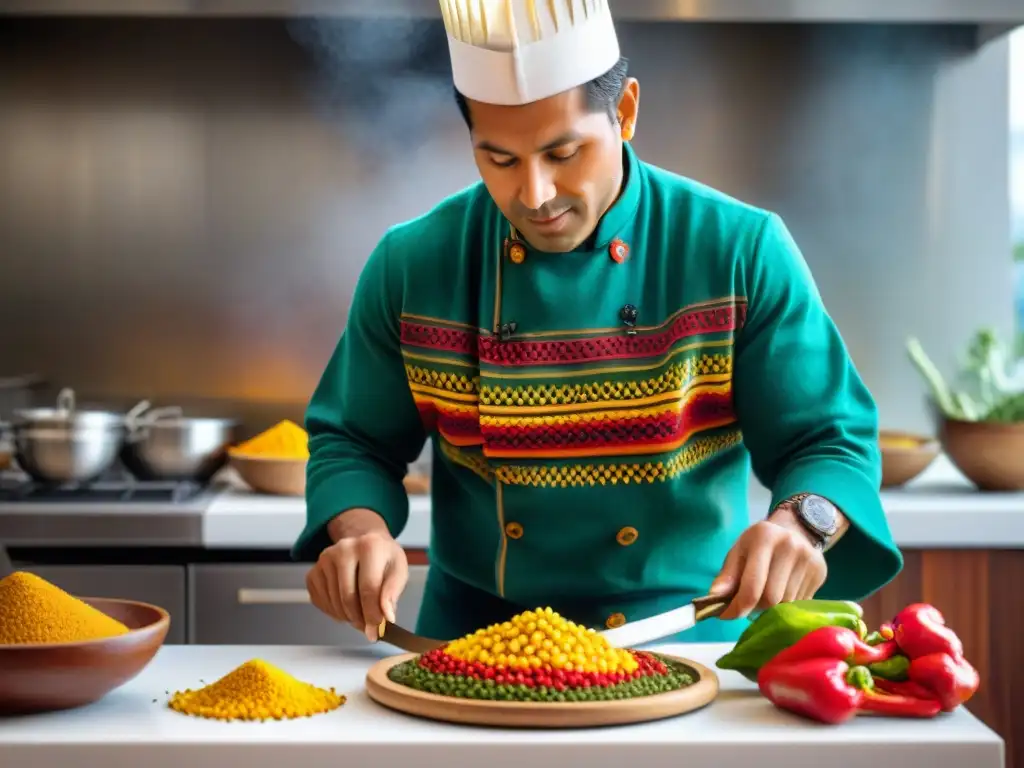 Un chef peruano en poncho andino prepara un plato colorido con ajíes y maíz fresco en una cocina moderna