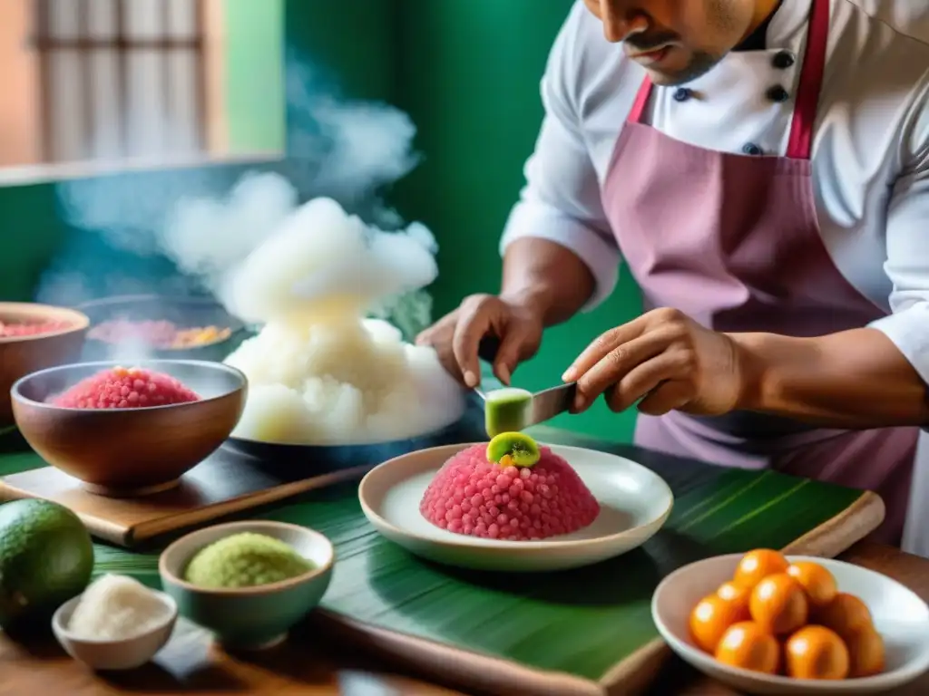 Chef peruano preparando postre de guayaba en una cocina vibrante