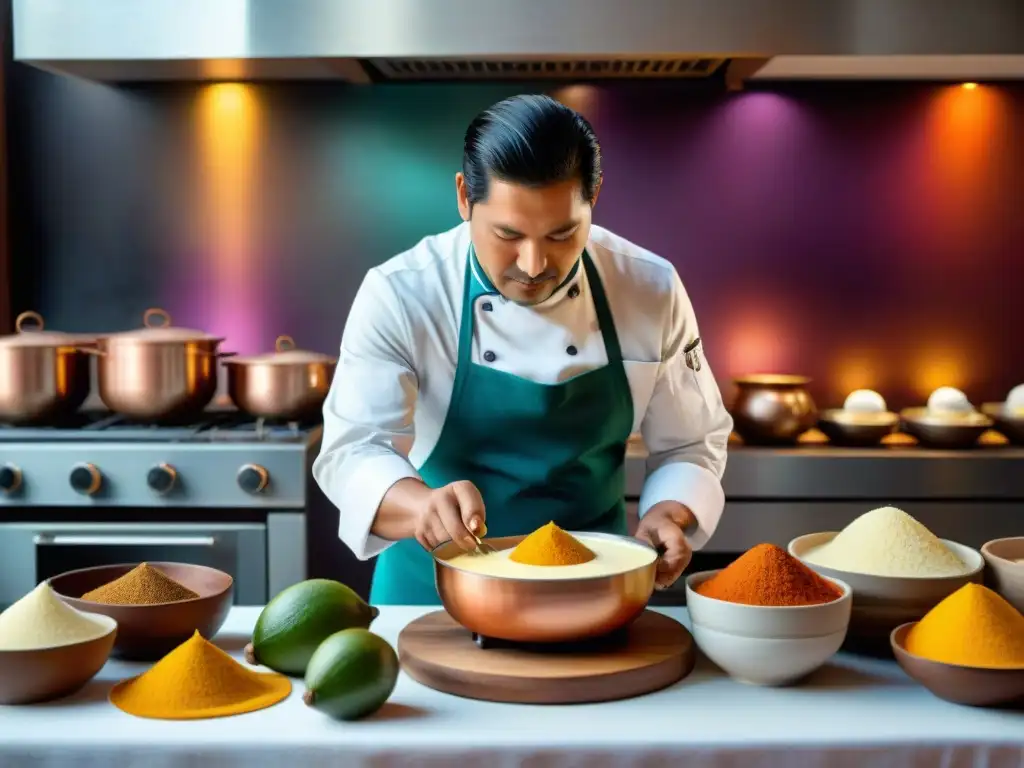 Un chef peruano prepara un postre con lucuma en una cocina andina llena de coloridos textiles y utensilios de cobre