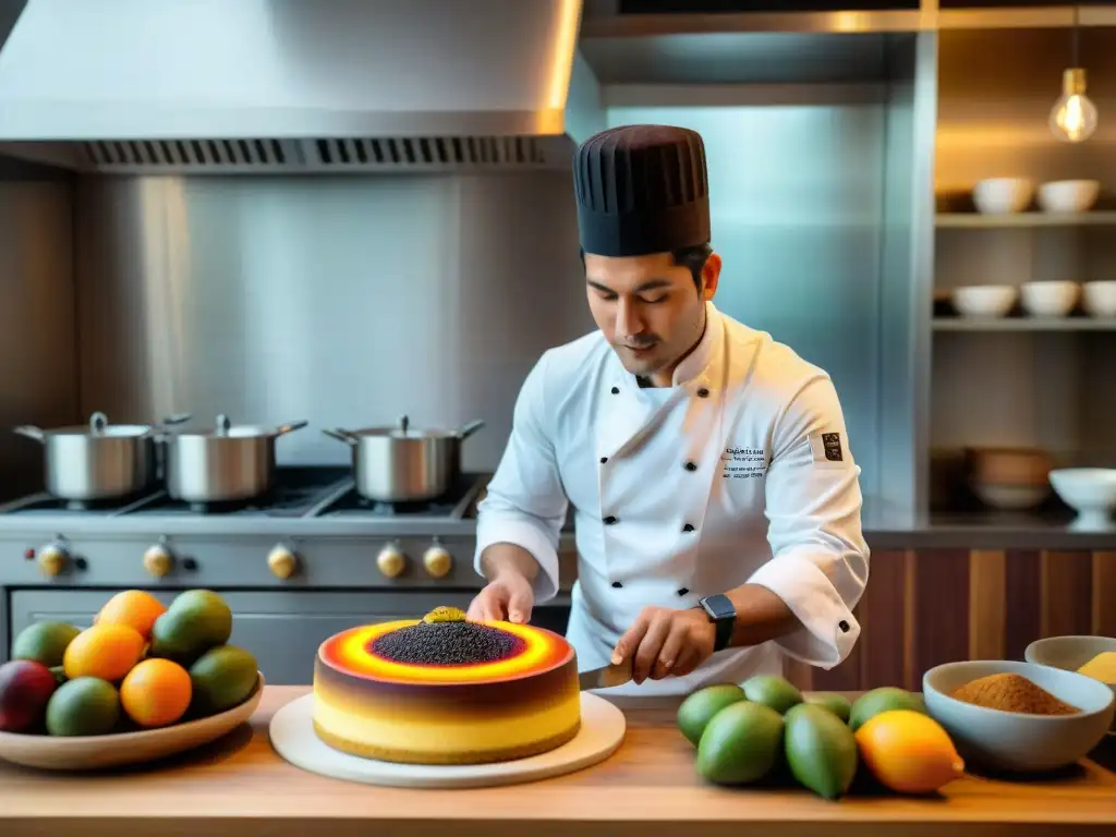 Un chef peruano crea un postre de lúcuma en una cocina andina con ingredientes vibrantes