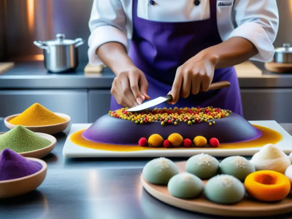 Chef peruano elaborando postre morado con ingredientes autóctonos en gastronomía peruana