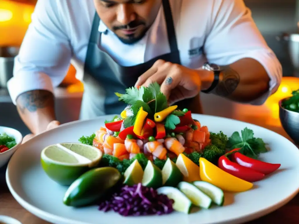 Un chef peruano crea con precisión un ceviche vibrante en un plato blanco iluminado por el sol