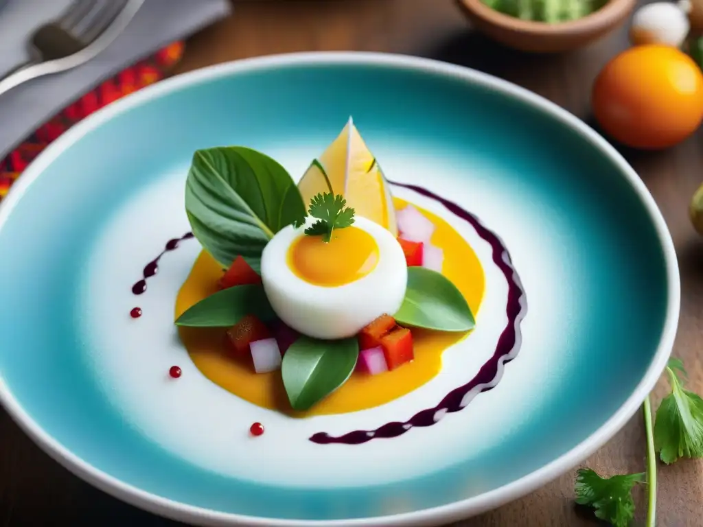 Un chef peruano crea con precisión una espuma ligera sobre un ceviche, reflejando la innovación de espumas y aires en Perú