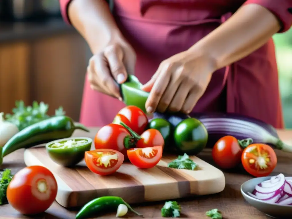 Un chef peruano preparando con precisión una receta auténtica de salsa criolla peruana, cortando tomates, cebollas y ajíes en una tabla de madera