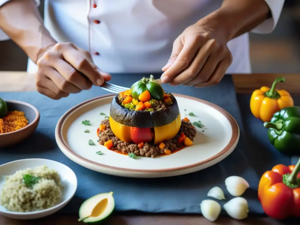 Un chef peruano prepara con precisión un rocoto relleno en Arequipa, destacando la riqueza de la gastronomía peruana