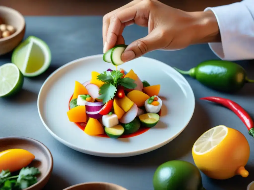 Un chef peruano hábil crea una presentación gastronómica impecable de ceviche