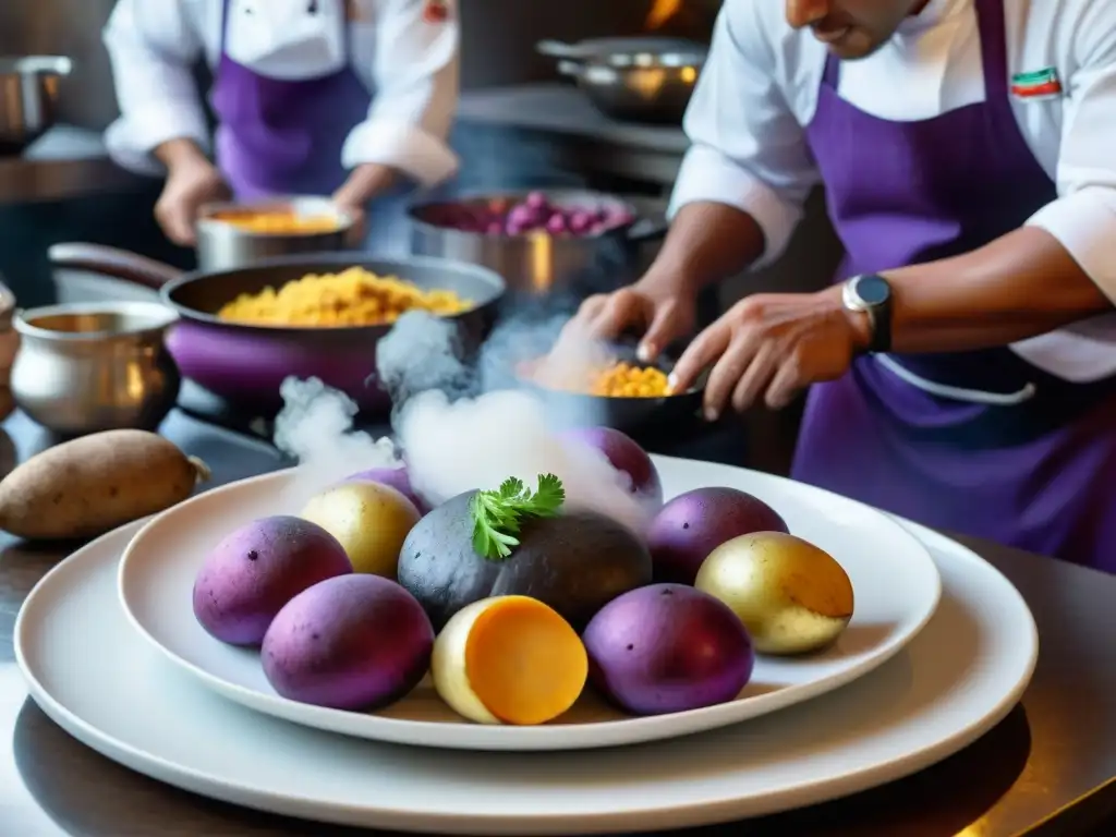 Un chef peruano crea una presentación impecable de platos peruanos con papas moradas en un plato blanco