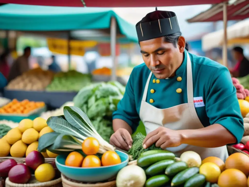 Un chef peruano seleccionando productos autóctonos en mercado, reflejando la rica gastronomía peruana