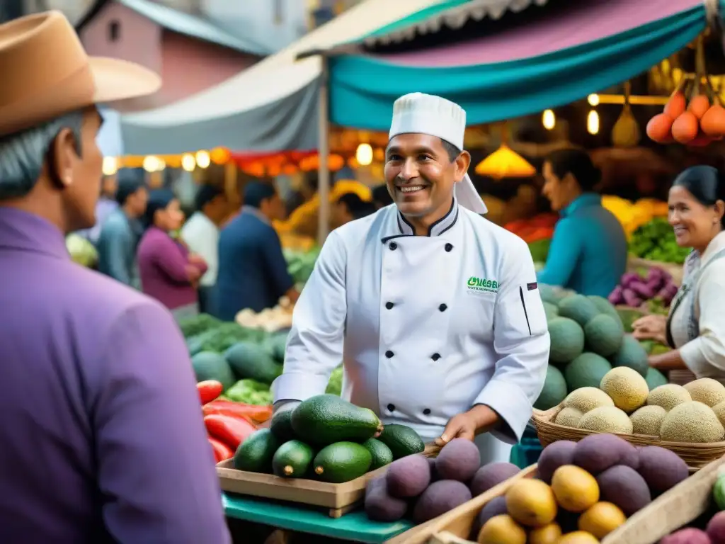 Chef peruano seleccionando productos orgánicos en animado mercado limeño, conectando con agricultores locales