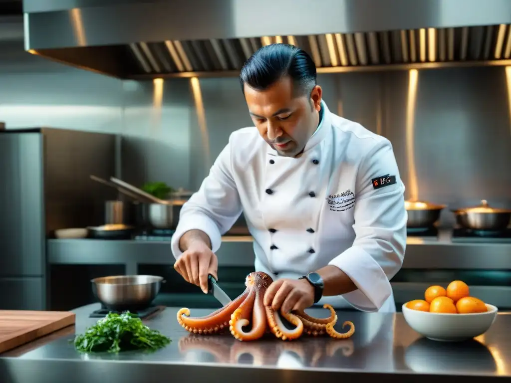 Un chef peruano prepara pulpo en una cocina moderna, destacando la maestría culinaria y cultural del Perú