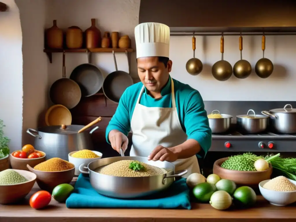 Chef peruano preparando Chupe de Quinua en cocina tradicional, rodeado de ingredientes frescos