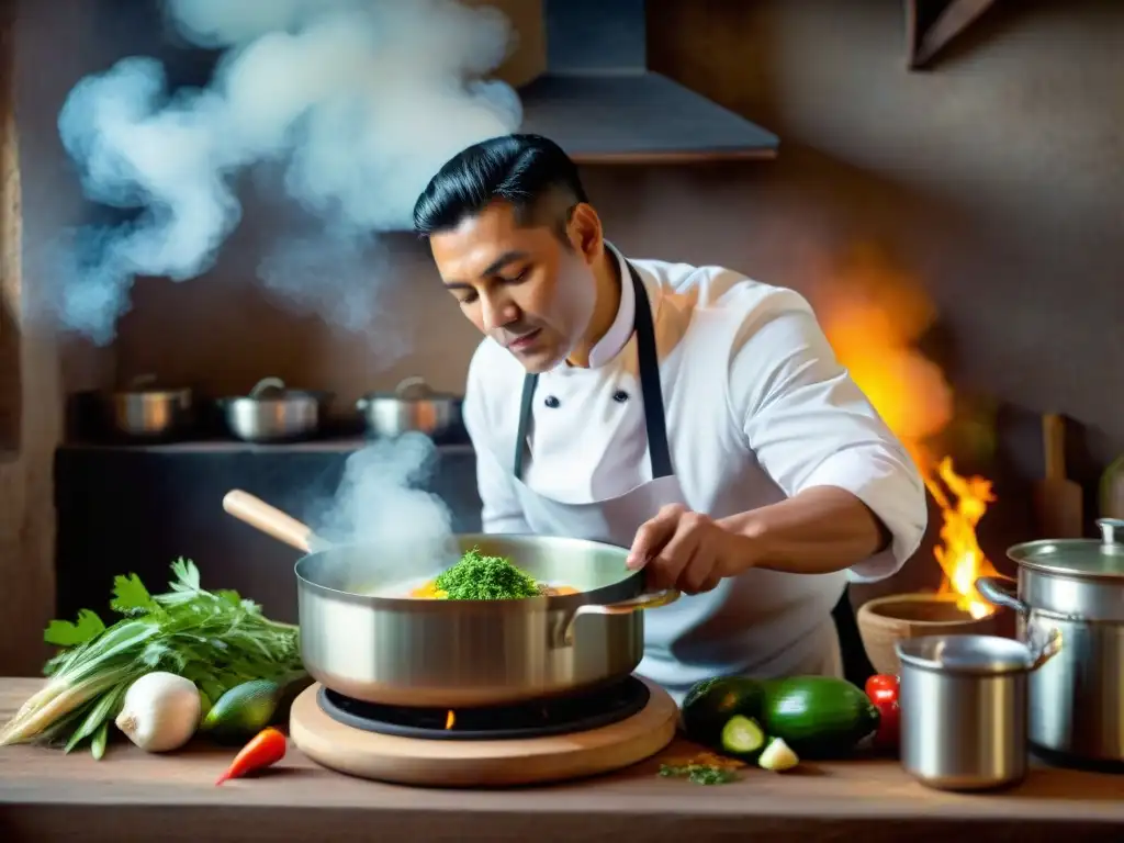 Chef peruano preparando Chupe de Quinua con ingredientes frescos