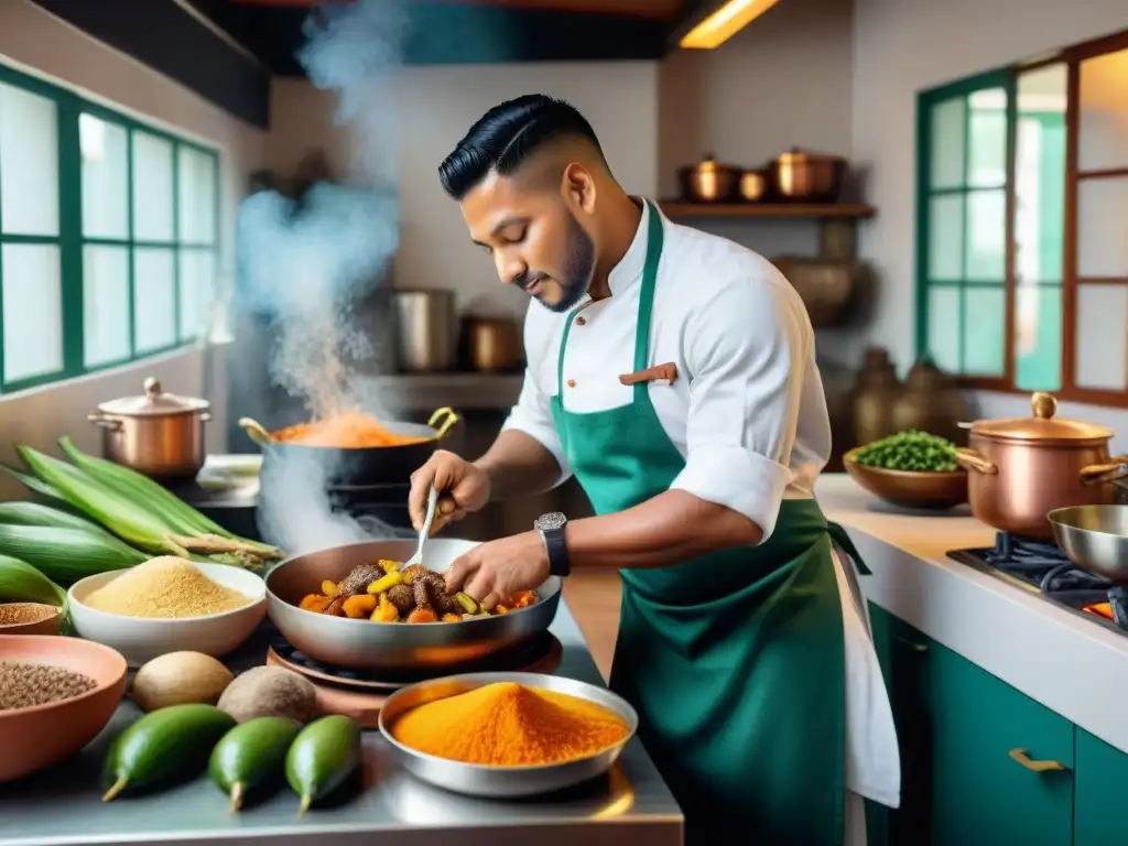 Un chef peruano de raíces africanas prepara un plato tradicional en una cocina vibrante y llena de ingredientes coloridos