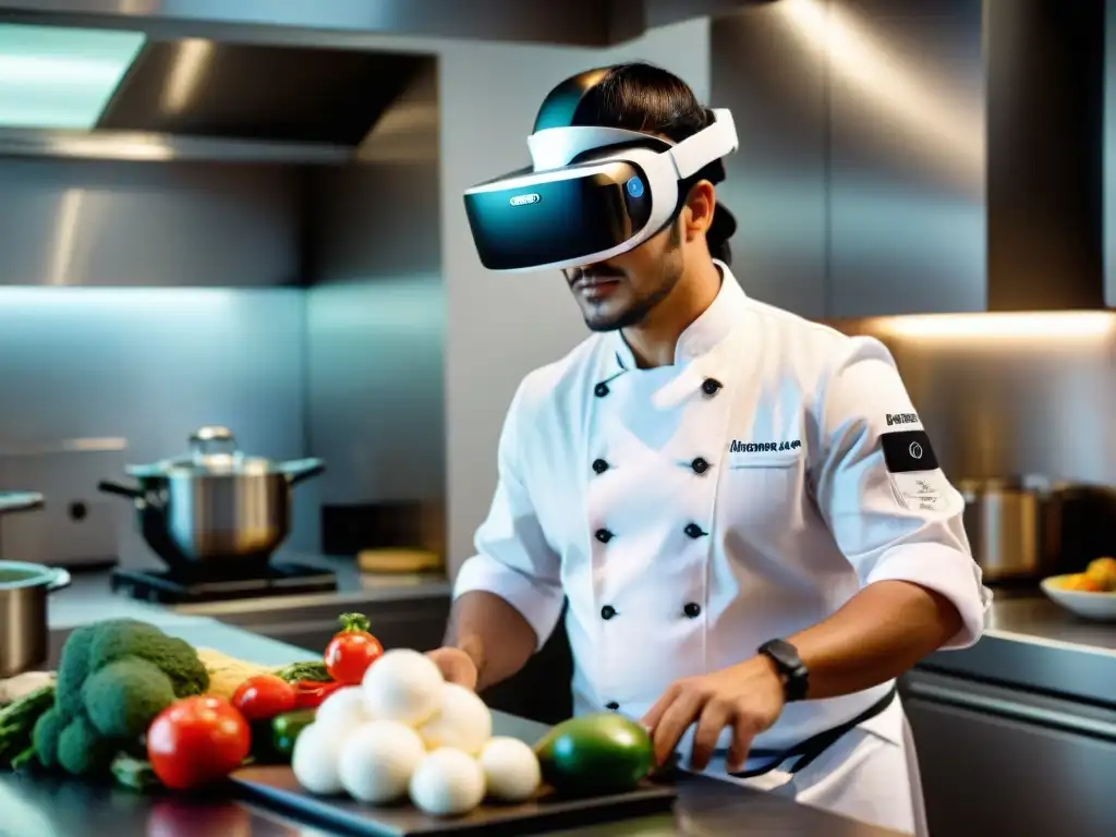 Chef peruano usa realidad aumentada para enseñar cocina tradicional, con ingredientes digitales y recetas flotando en la cocina futurista