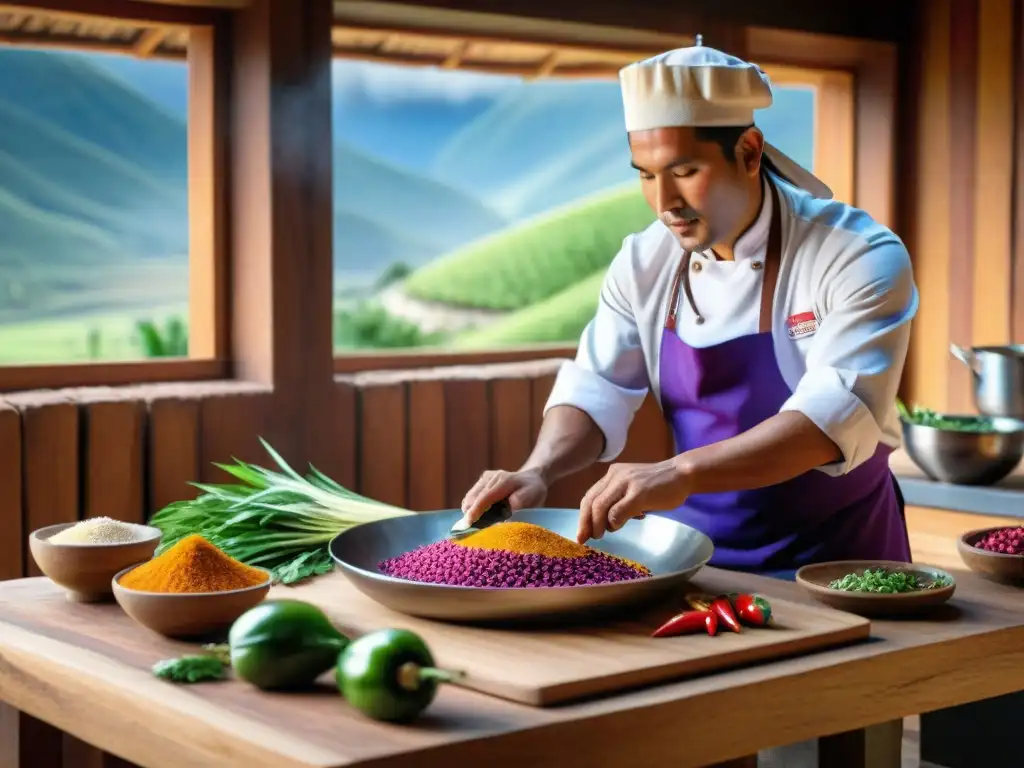 Un chef peruano preparando una receta ancestral en una cocina rústica