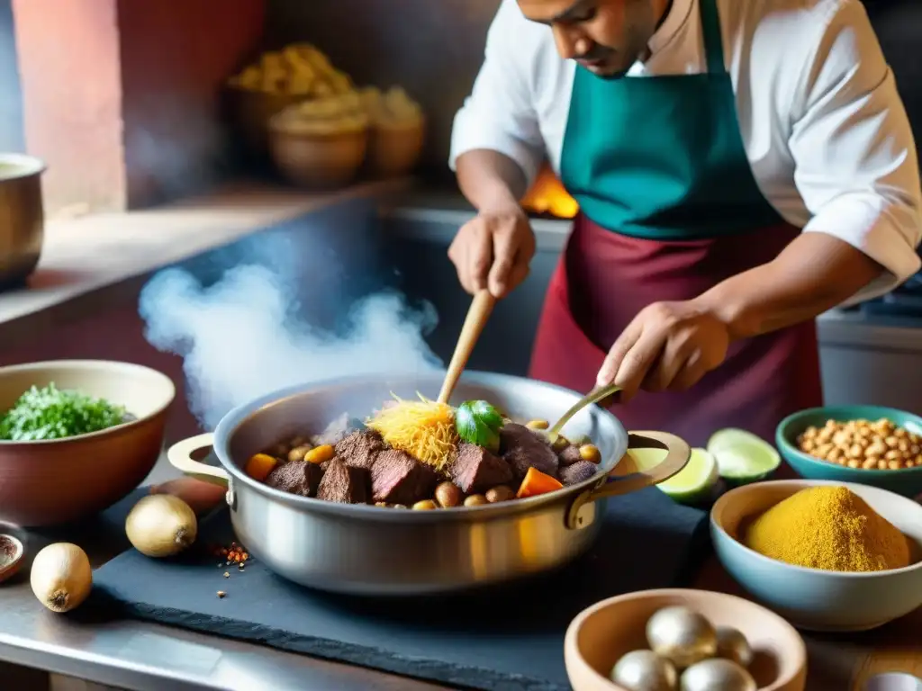 Chef peruano preparando una receta auténtica chanfainita peruana en una cocina tradicional