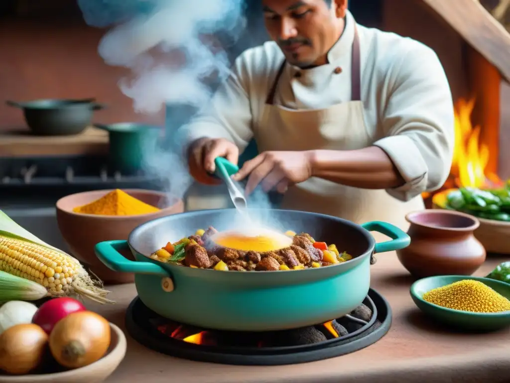 Un chef peruano prepara con maestría una receta auténtica chanfainita peruana en una cocina tradicional