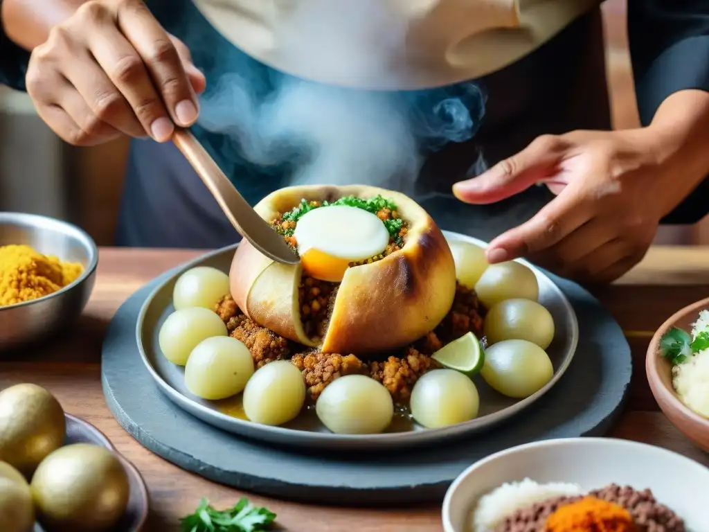 Un chef peruano creando una receta auténtica de papa rellena en una cocina rústica, rodeado de ingredientes frescos