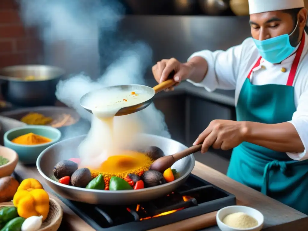 Un chef peruano prepara una receta auténtica de ají de gallina en una cocina tradicional llena de color y vida