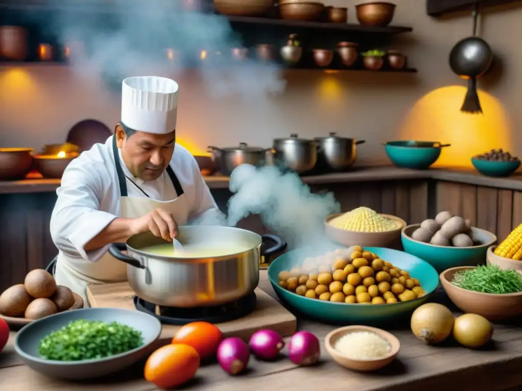 Chef peruano preparando una receta auténtica de Chupe de Camarones en una cocina tradicional peruana