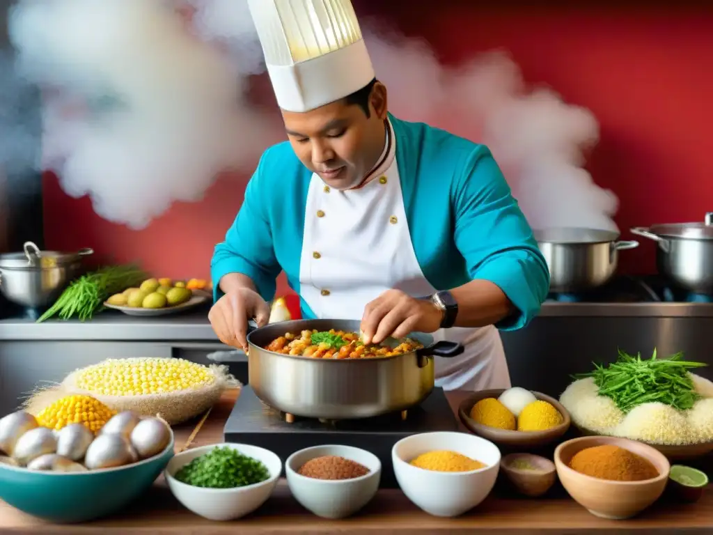 Chef peruano preparando una receta auténtica de Chupe de Camarones en una cocina tradicional peruana