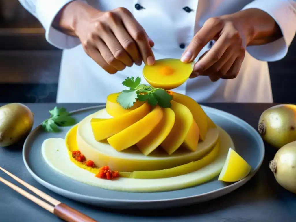 Chef peruano preparando receta causa limeña con papa amarilla en cocina tradicional