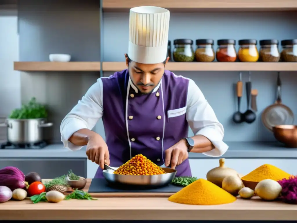 Chef peruano preparando una receta de ocopa contemporánea en cocina moderna