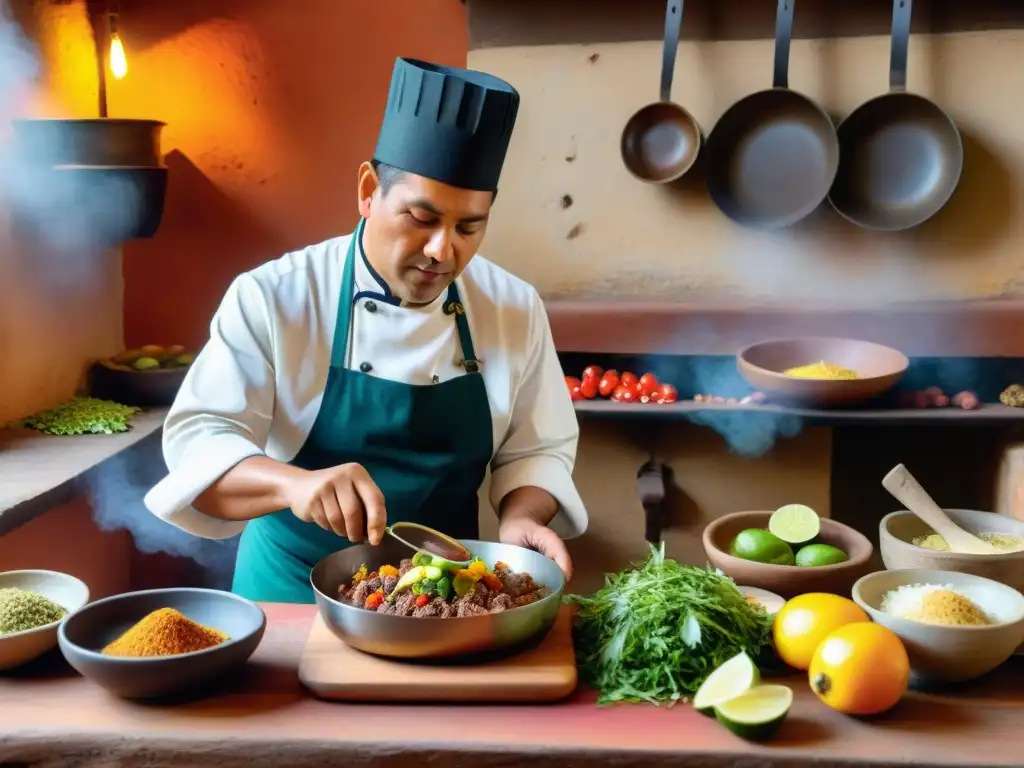 Chef peruano preparando receta cuy chactado tradicional en cocina andina