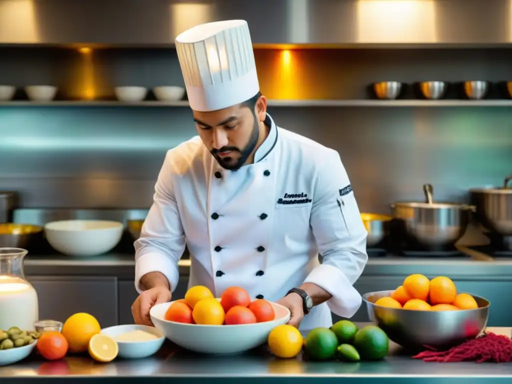 Un chef peruano preparando la receta Leche de Tigre en una cocina moderna, fusionando tradición y técnica gastronómica