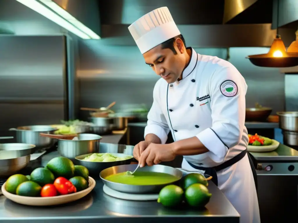 Un chef peruano preparando con maestría la receta Leche de Tigre en cocina costera