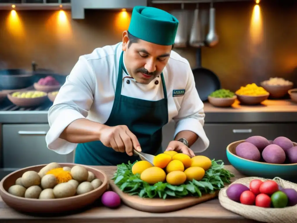 Un chef peruano prepara una receta con Papa Nativa Peruana en un ambiente auténtico y colorido