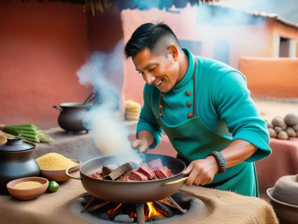 Cocina peruana tradicional: chef preparando Olluquito con Charqui Un chef peruano prepara una receta olluquito con charqui en una cocina tradicional, resaltando la rica gastronomía peruana