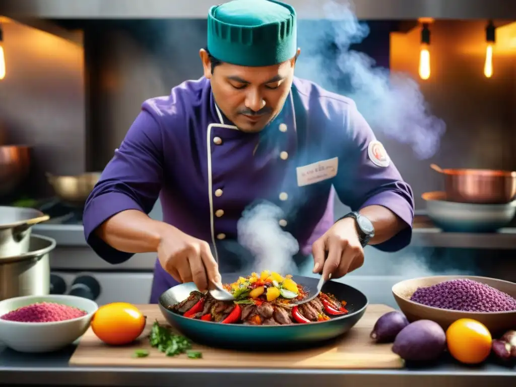 Un chef peruano preparando una receta con ají panca auténtico en una bulliciosa cocina, rodeado de ingredientes frescos y coloridos