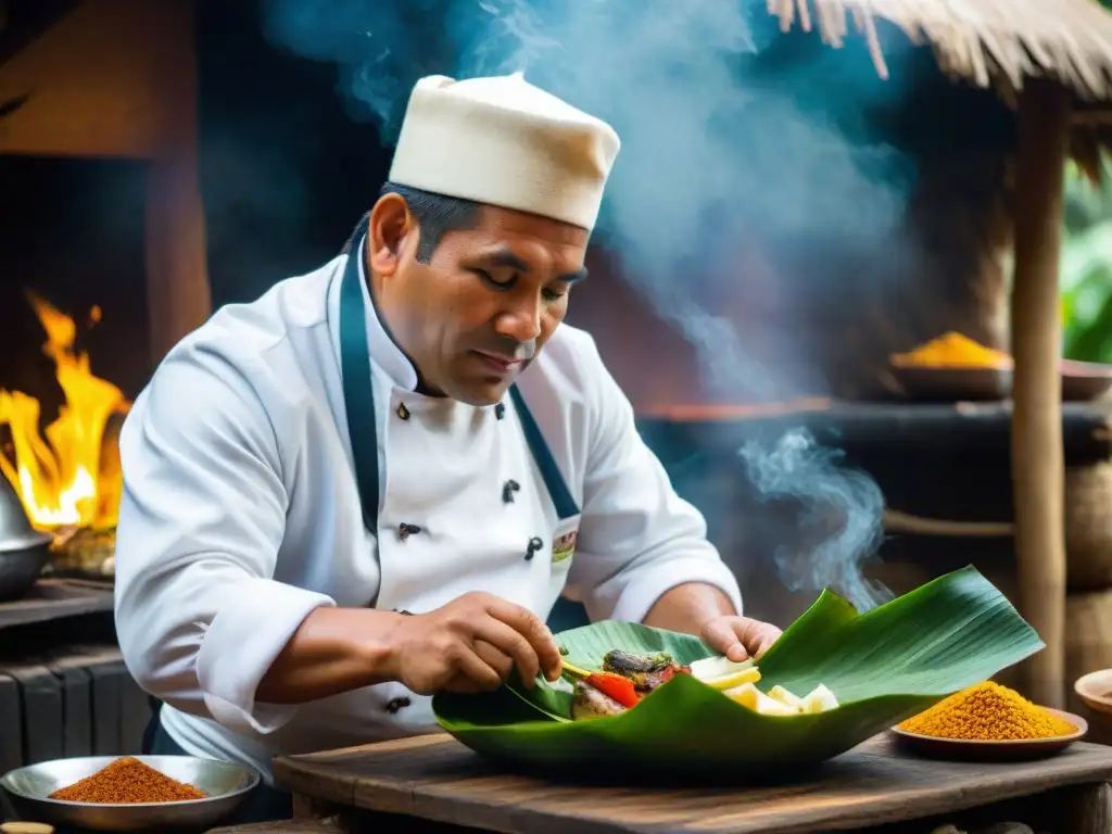 Un chef peruano prepara Patarashca, una receta de pescado peruana, en una cocina tradicional amazónica