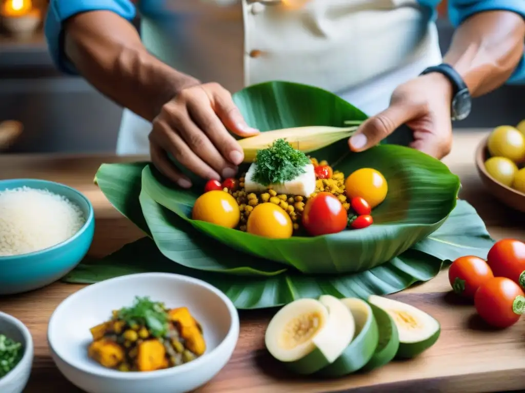 Un chef peruano prepara Patarashca receta pescado peruana con cuidado, rodeado de ingredientes frescos y tradicionales utensilios de cocina