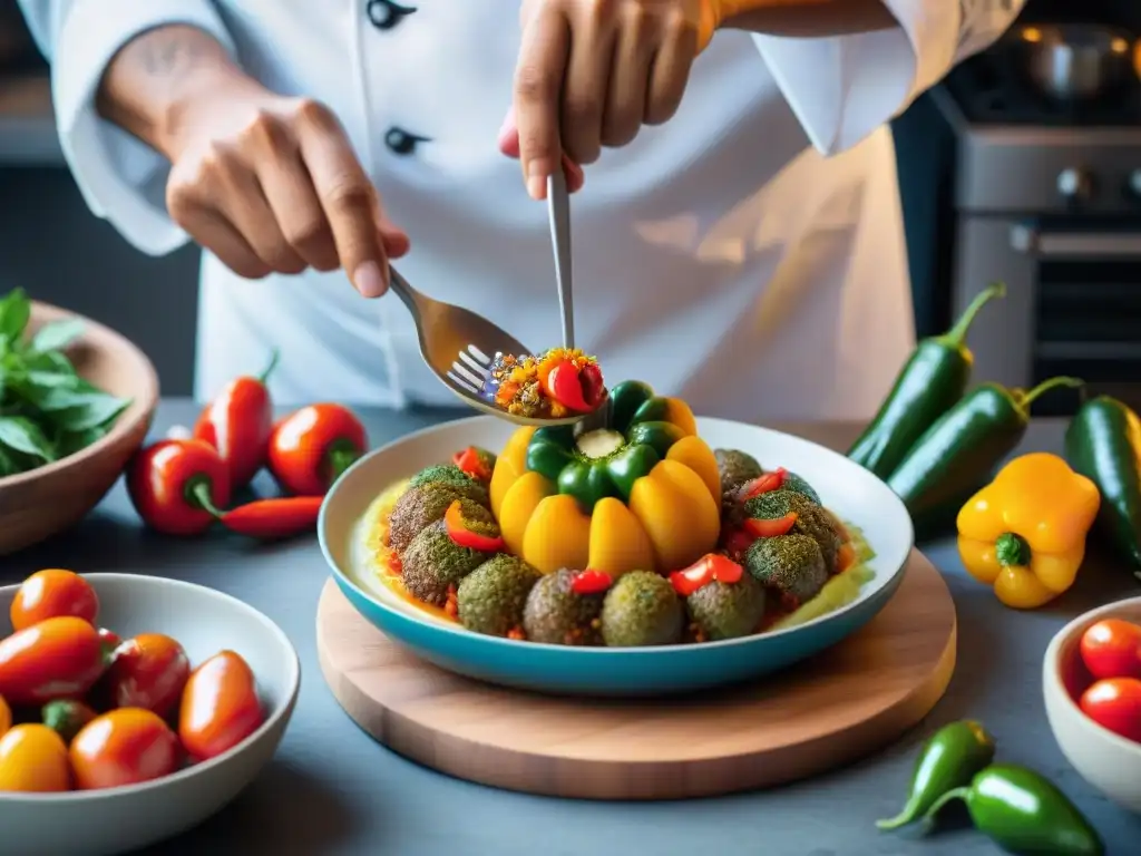 Un chef peruano prepara con maestría una receta rocoto relleno picante en una cocina bulliciosa y llena de ingredientes vibrantes