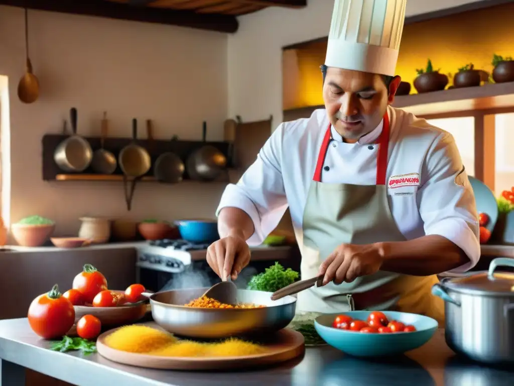 Un chef peruano preparando una receta sudado pescado peruano en una cocina tradicional llena de color y vida