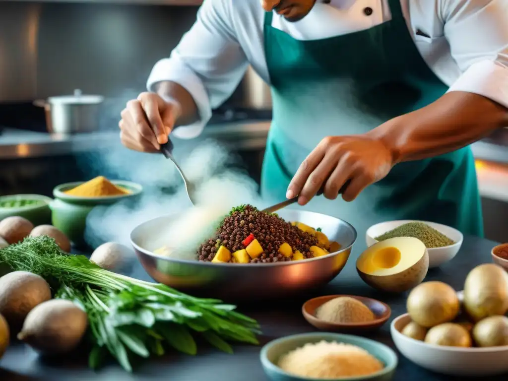 Un chef peruano preparando la receta tradicional carapulcra peruana en una cocina profesional, con ingredientes y técnicas modernas